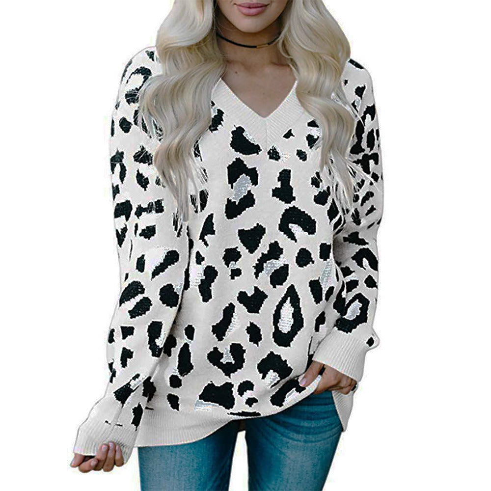 Large Size Three-color Leopard Jacquard V-neck Sweater Women