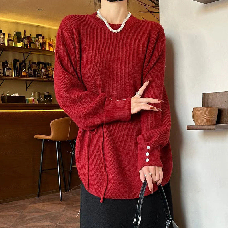 Mid-length Lace-up Loose Round Neck Solid Color Sweater
