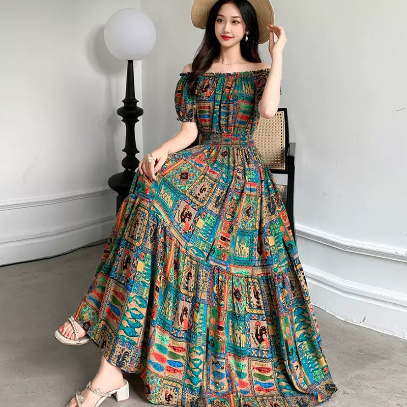 Summer Ethnic-style Elastic-waist Beach Bohemian Shoulder Dress