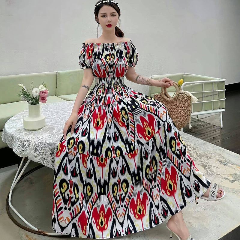 Summer Ethnic-style Elastic-waist Beach Bohemian Shoulder Dress
