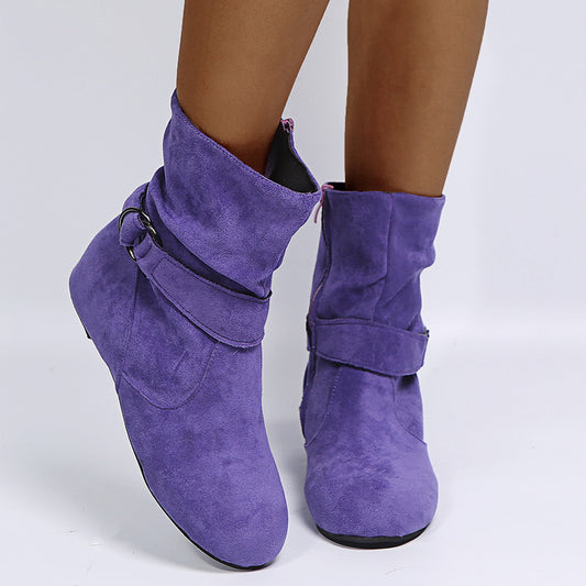 European Station Plus Size Suede Flat Belt Buckle Women's Ankle Boots