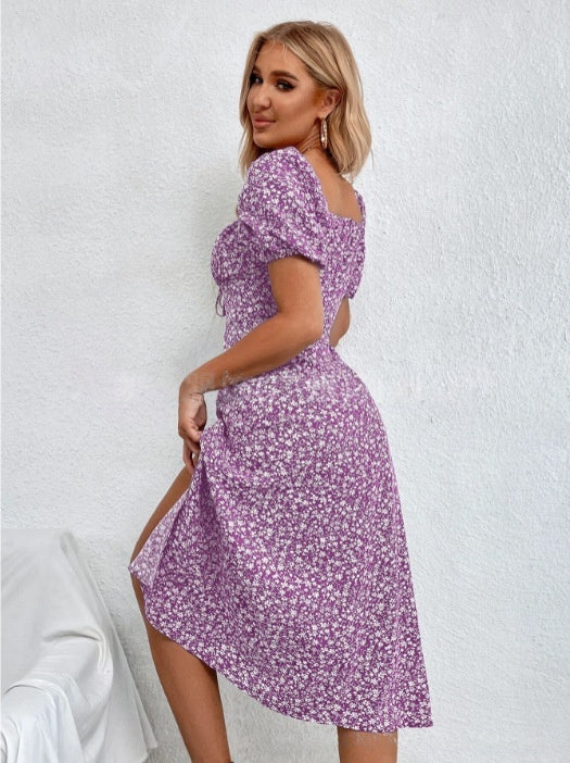 French-Style Floral Slip Dress - Women's Backless Sleeveless Slim-Fit Summer Midi Dress With Side Slit And Adjustable Suspender Straps