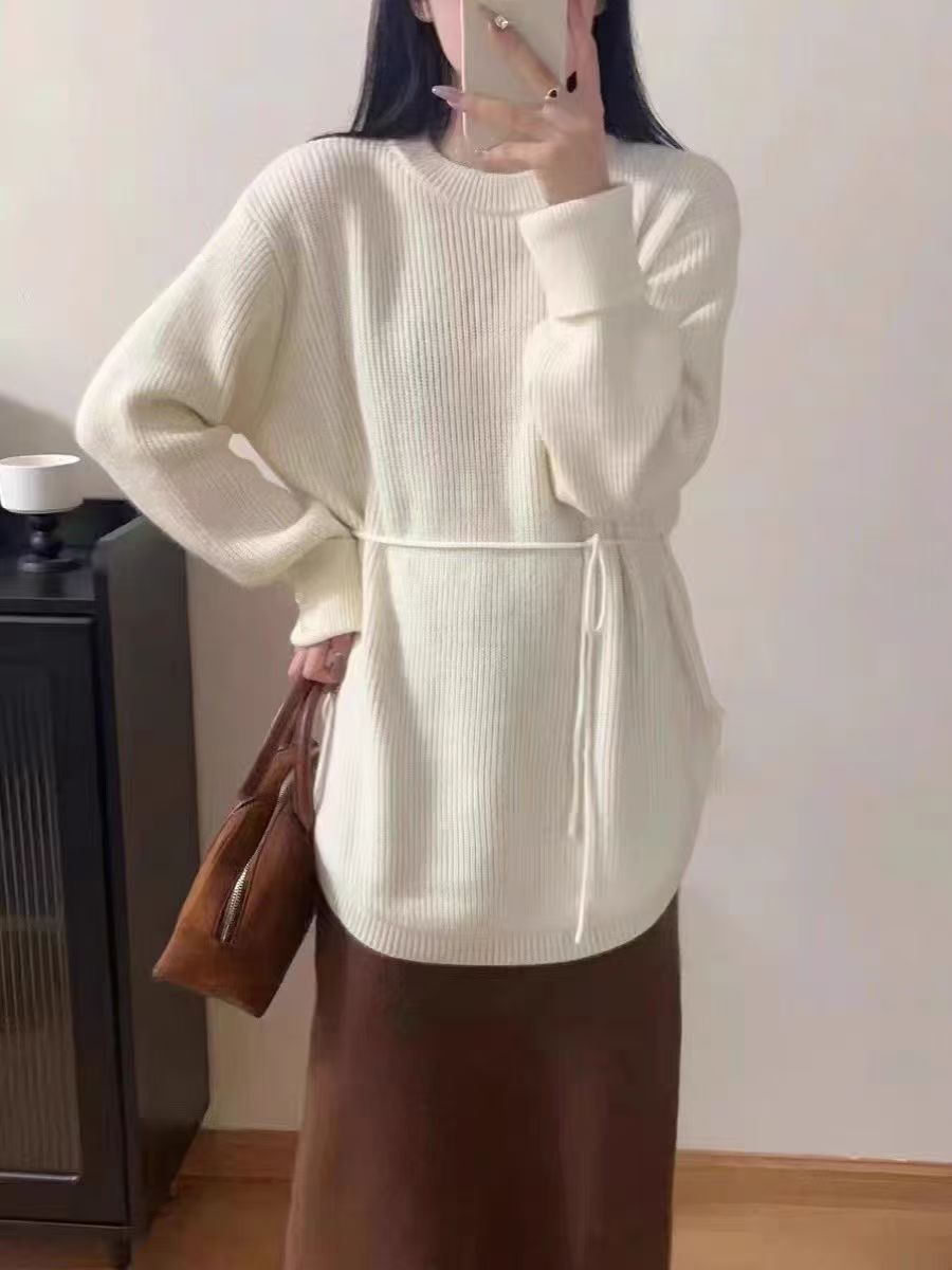 Mid-length Lace-up Loose Round Neck Solid Color Sweater
